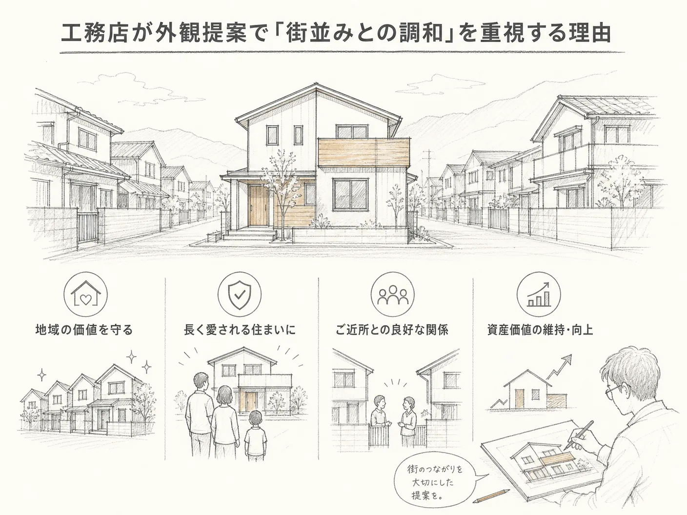 注文住宅 景観の工務店が外観提案で「街並みとの調和」を重視する理由を表す図解イラスト