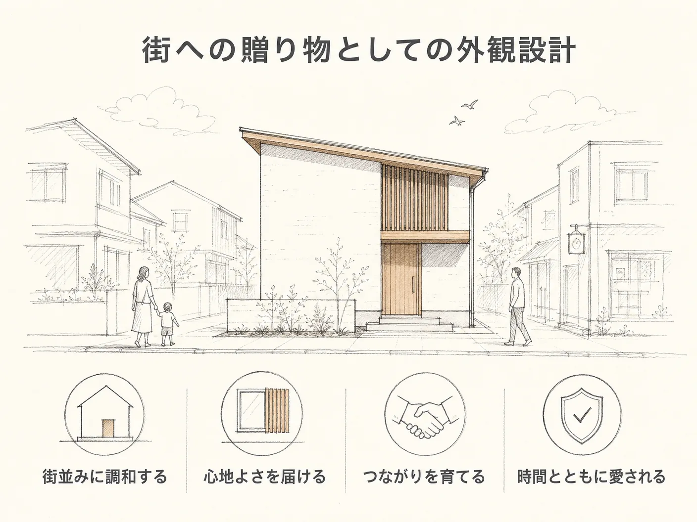 注文住宅 景観の外観を「街への贈り物」と考えると家づくりが変わるを表す図解イラスト