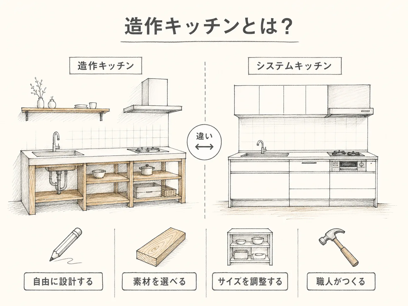 メリット デメリットの造作キッチンとは?システムキッチンとの違いを簡単に整理するを表す図解イラスト