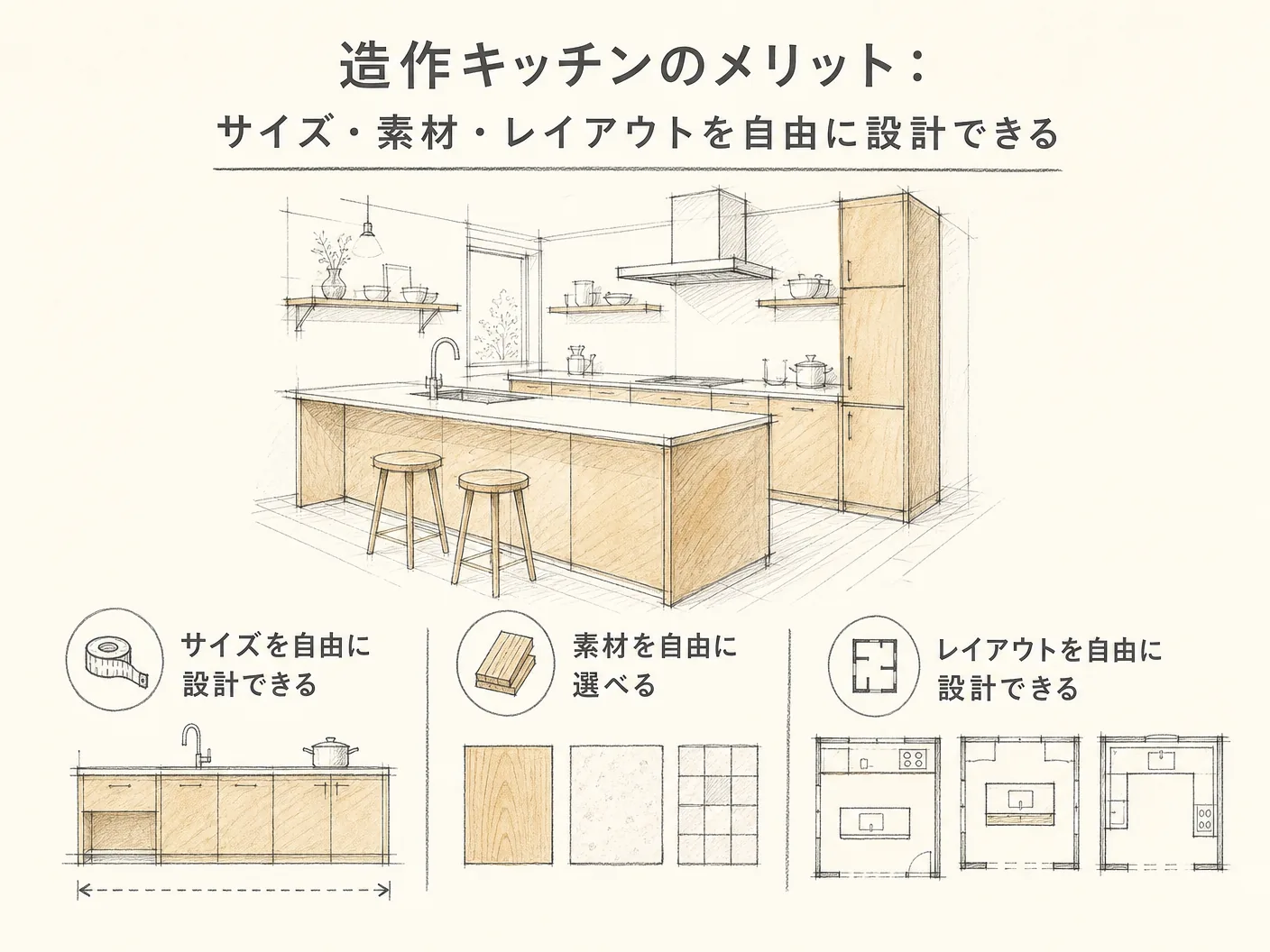 デメリットの造作キッチンのメリット:サイズ・素材・レイアウトを自由に設計できるを表す図解イラスト