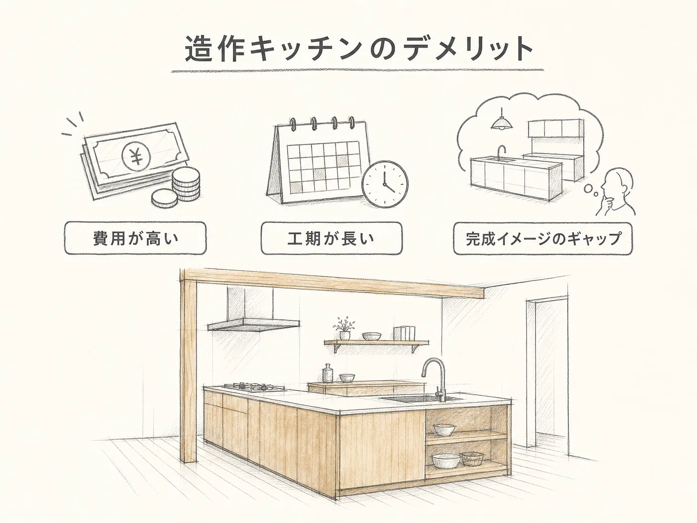 造作キッチンのデメリット:費用・工期・完成イメージのギャップを表す図解イラスト