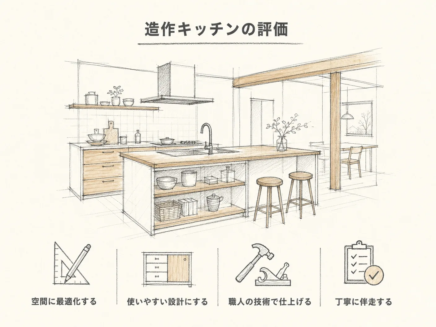 メリット デメリットの工務店として造作キッチンを手がけてきた率直な評価を表す図解イラスト