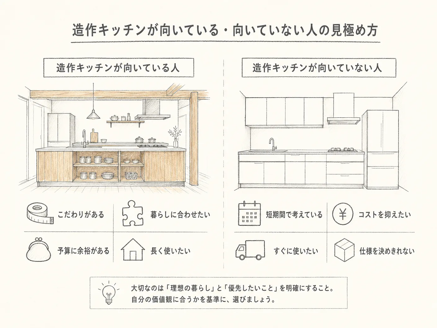 メリット デメリットの造作キッチンが向いている人・向いていない人の見極め方を表す図解イラスト