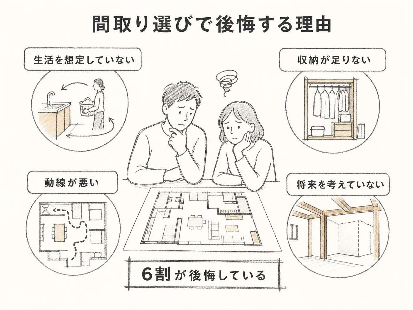 原因の間取りで後悔する人が6割いる理由を表す図解イラスト