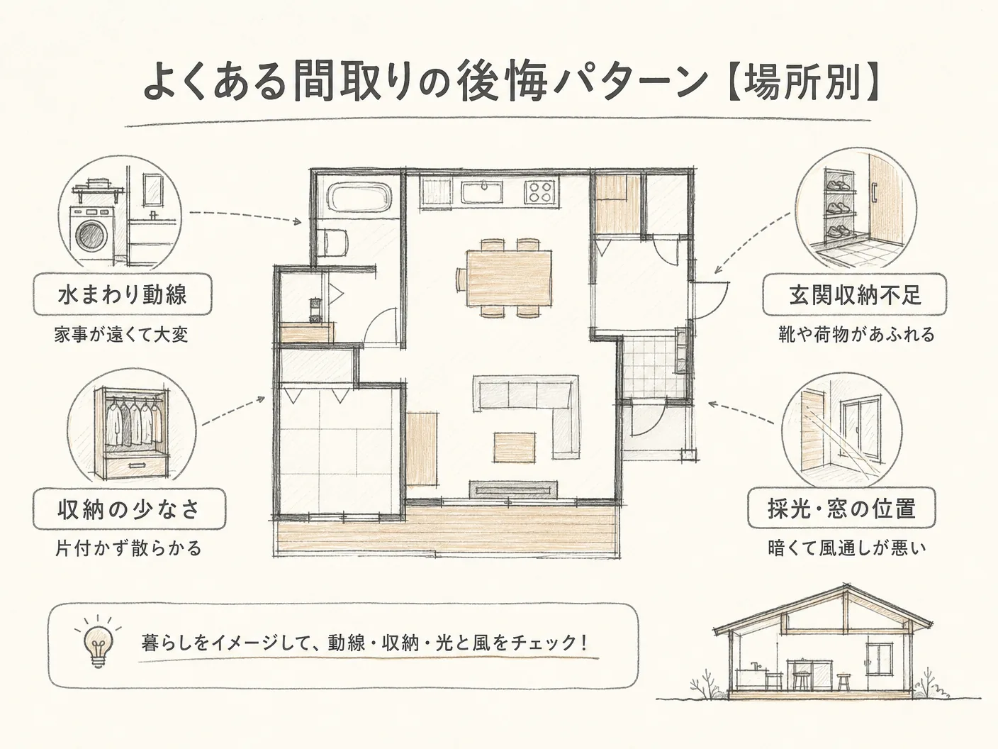 原因のよくある間取りの後悔パターン【場所別】を表す図解イラスト