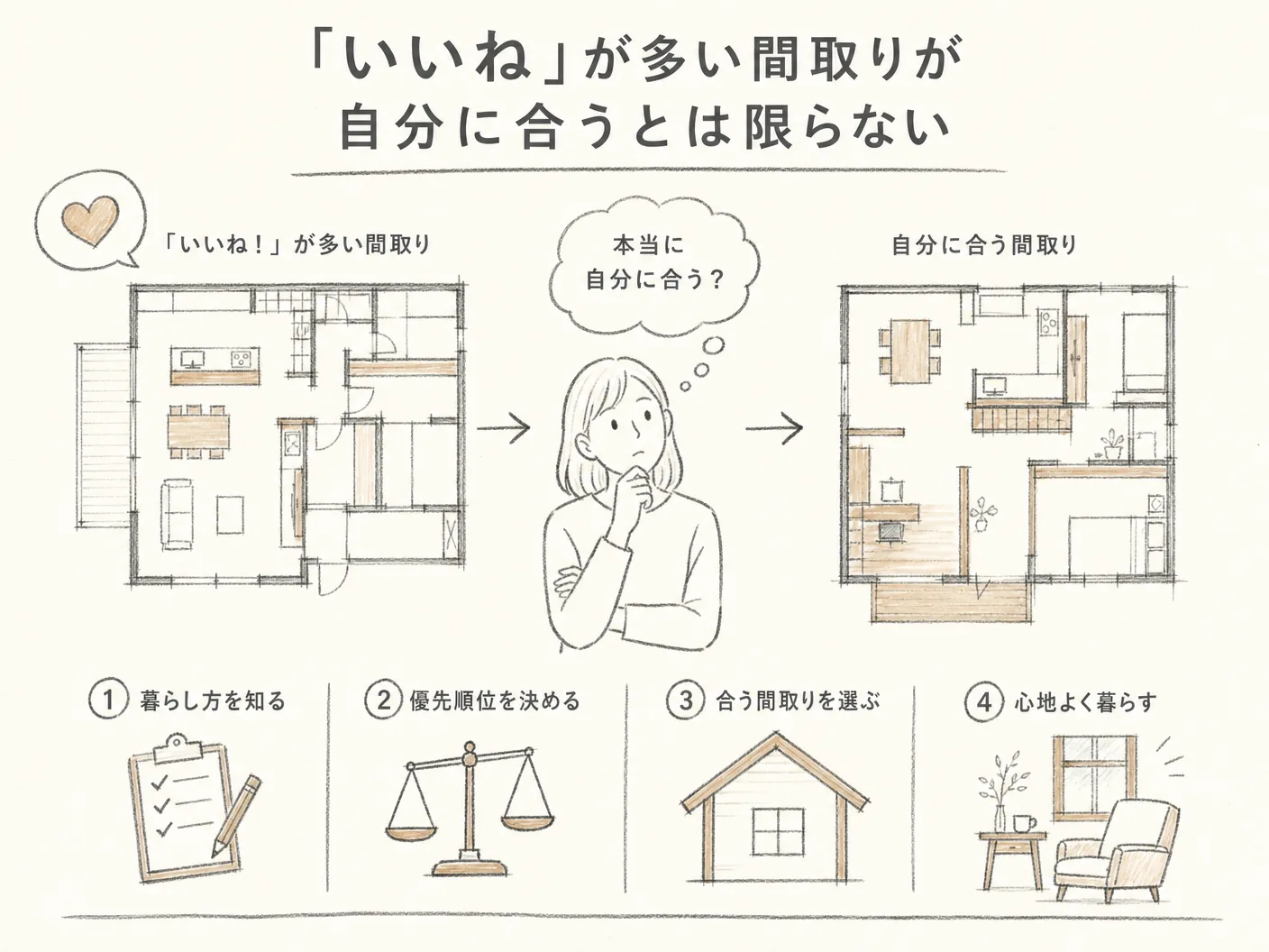 後悔 原因の「いいね」が多い間取りが自分に合うとは限らないを表す図解イラスト