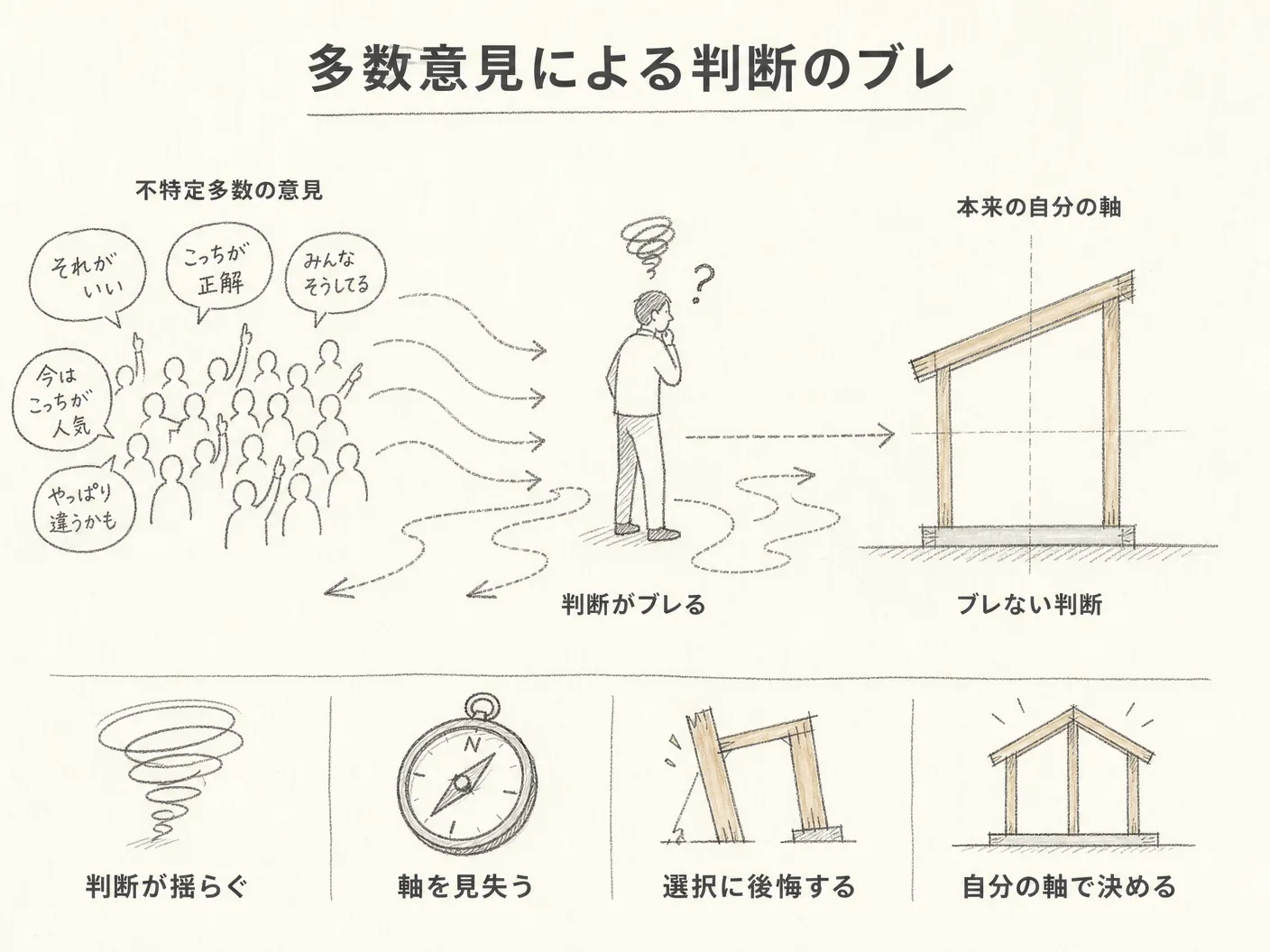 間取り 後悔 原因の不特定多数の意見で判断軸がブレる危険性を表す図解イラスト