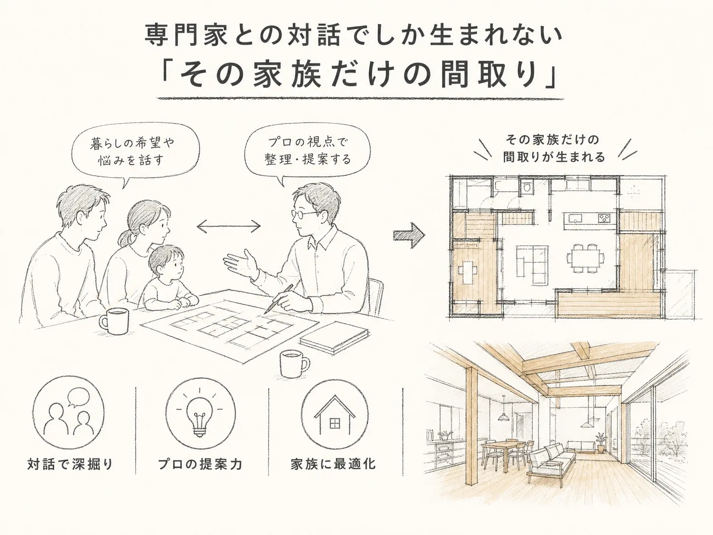 後悔 原因の専門家との対話でしか生まれない「その家族だけの間取り」を表す図解イラスト