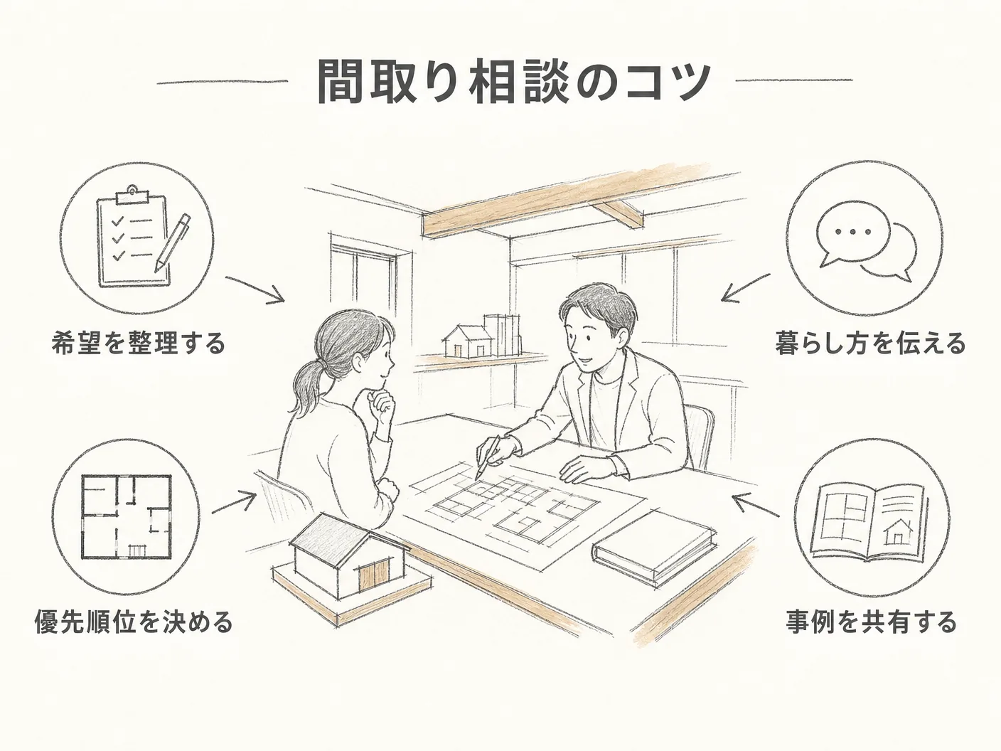 原因の後悔しない間取りをつくるための相談の仕方を表す図解イラスト