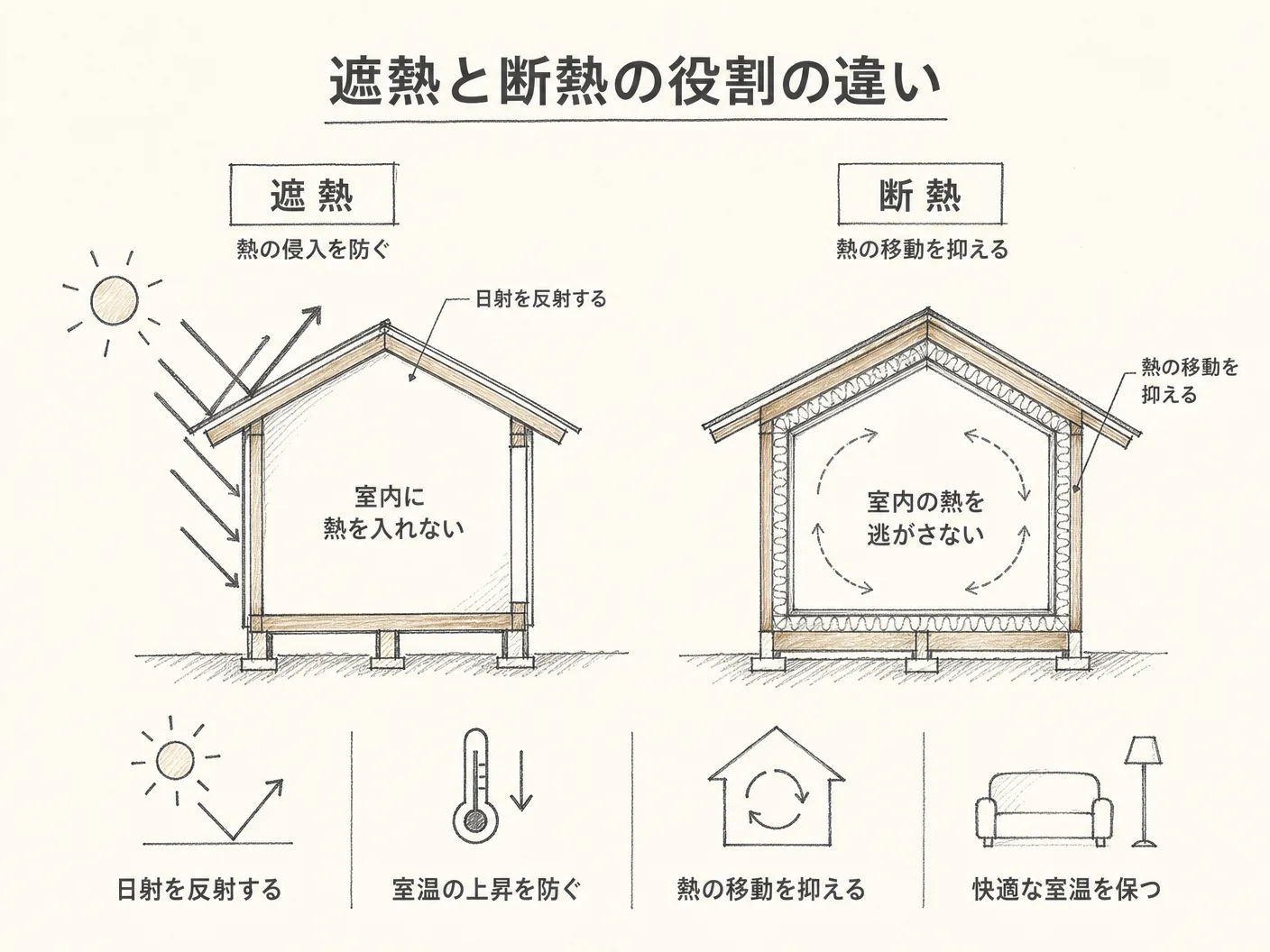 使い分けの遮熱と断熱の違い――役割が異なる2つの技術を表す図解イラスト