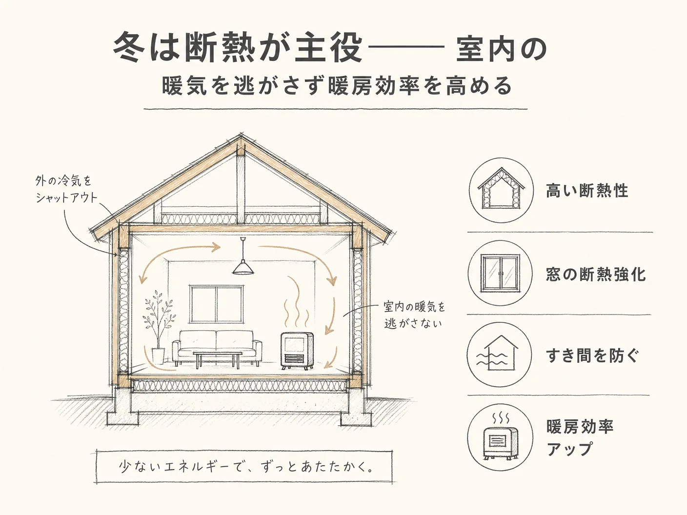 遮熱 使い分けの冬は断熱が主役――室内の暖気を逃がさず暖房効率を高めるを表す図解イラスト