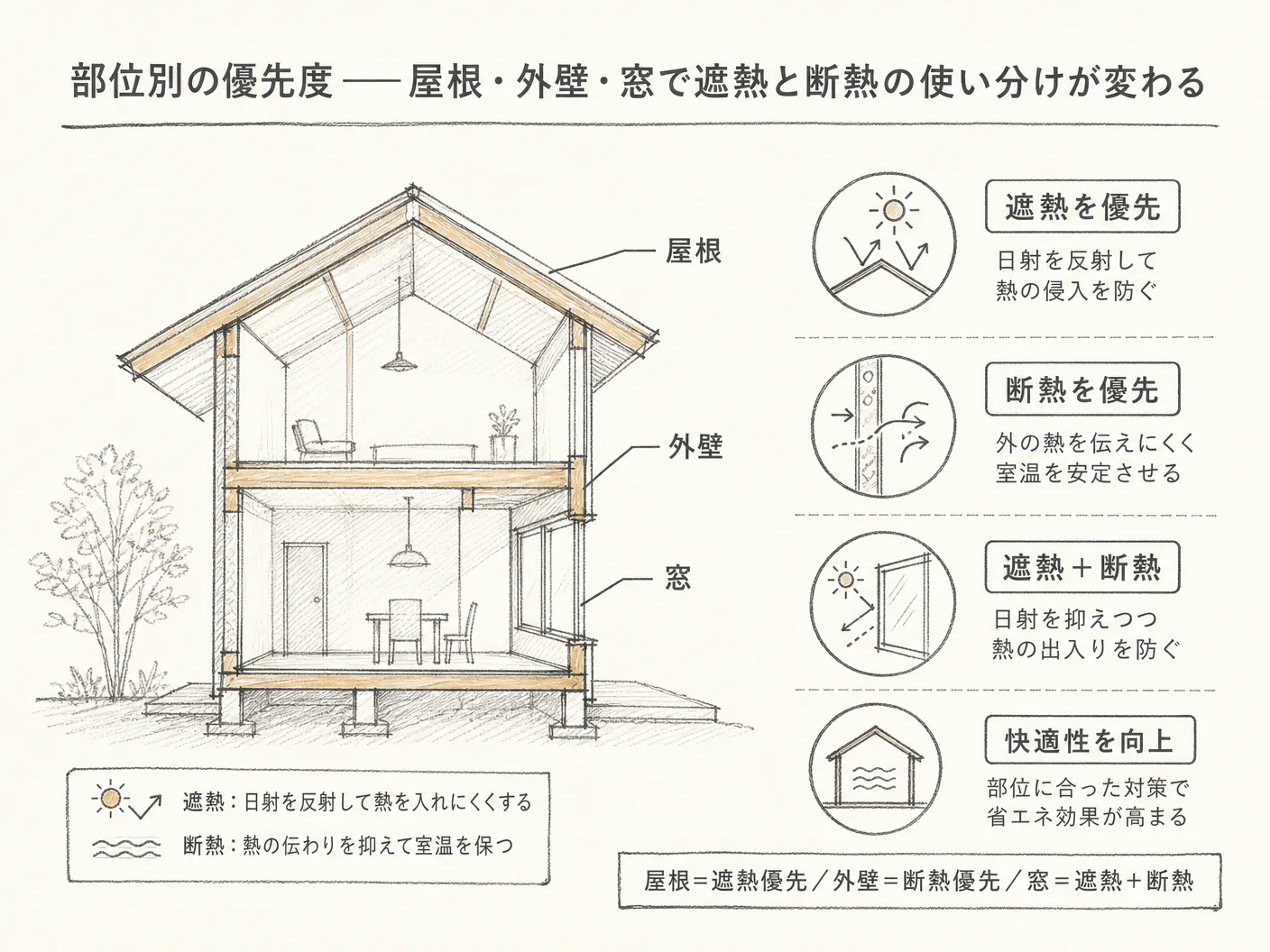 部位別の優先度――屋根・外壁・窓で遮熱と断熱の使い分けが変わるを表す図解イラスト