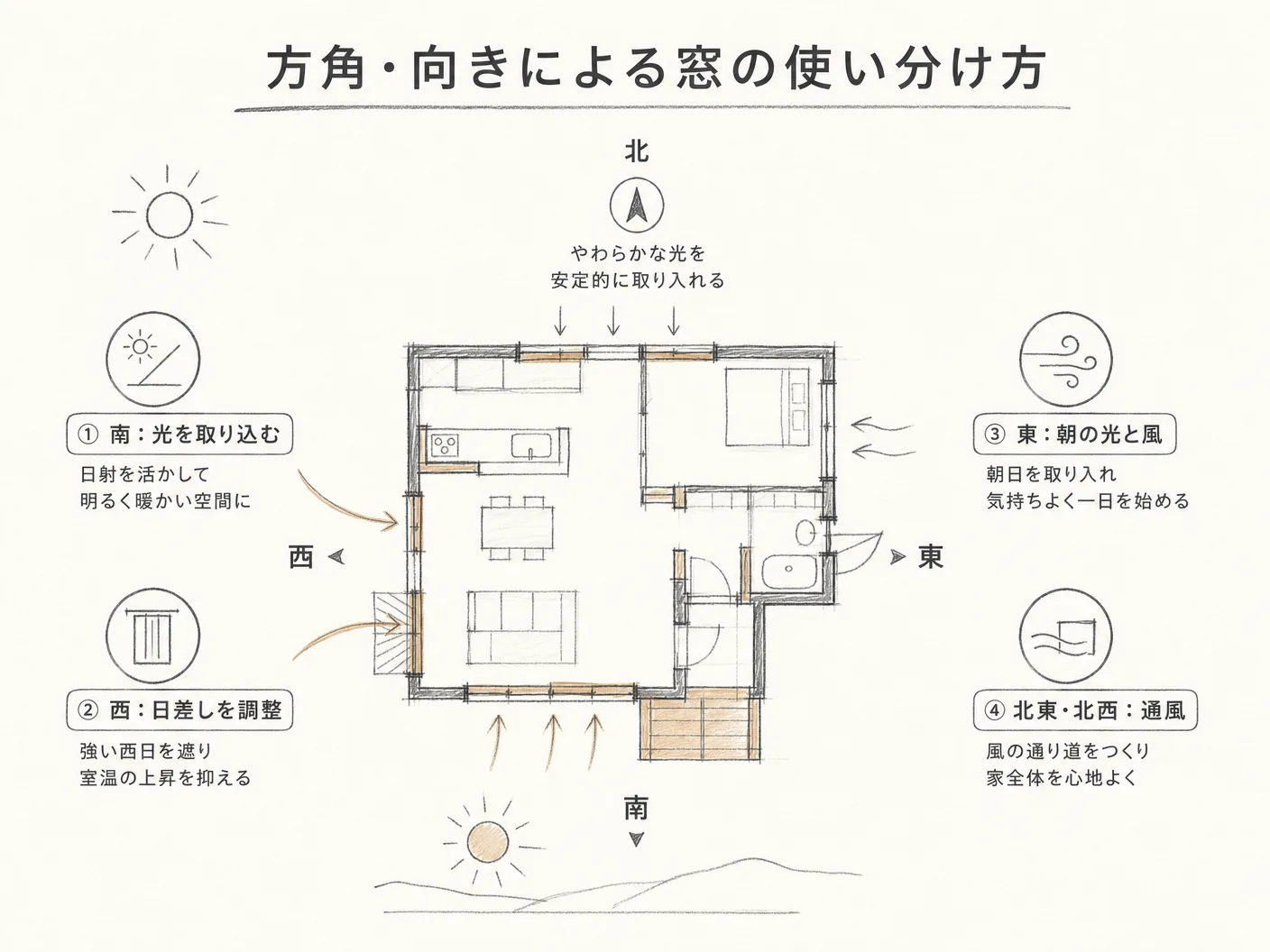 遮熱 断熱の方角・向きによる窓の使い分け方を表す図解イラスト