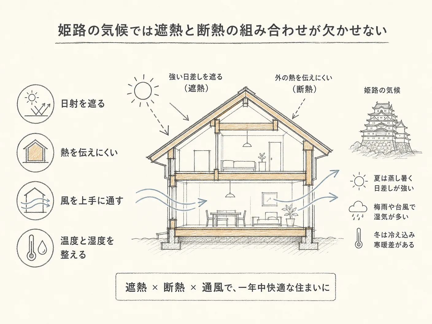 使い分けの姫路の気候では遮熱と断熱の組み合わせが欠かせないを表す図解イラスト