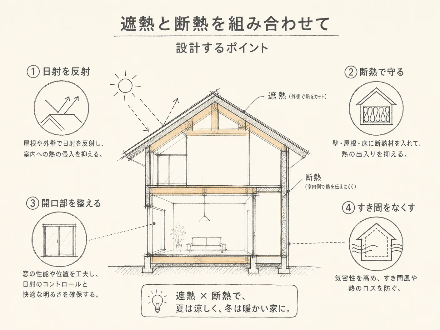 使い分けの遮熱と断熱を組み合わせて設計するポイントを表す図解イラスト