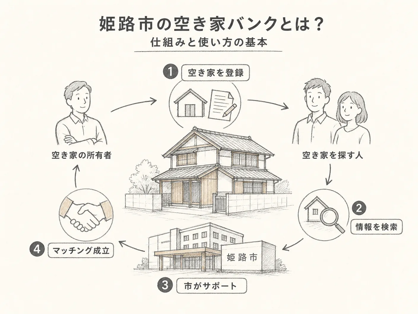 購入 注意点の姫路市の空き家バンクとは?仕組みと使い方の基本を表す図解イラスト
