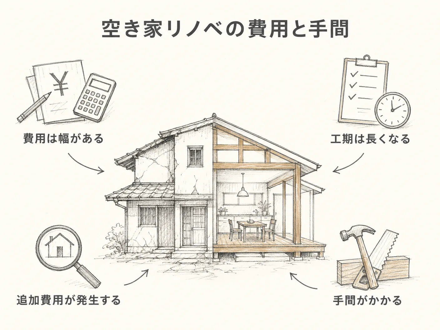 姫路 購入 注意点の空き家バンク物件のリノベーション費用と手間の実態を表す図解イラスト