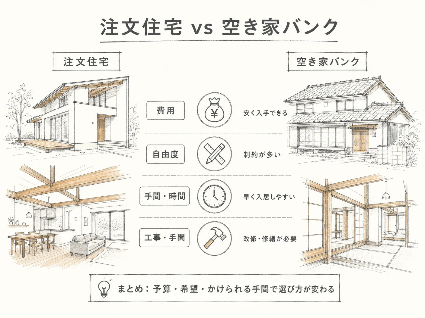 姫路 購入 注意点の注文住宅vs空き家バンク:費用・自由度・手間を徹底比較を表す図解イラスト