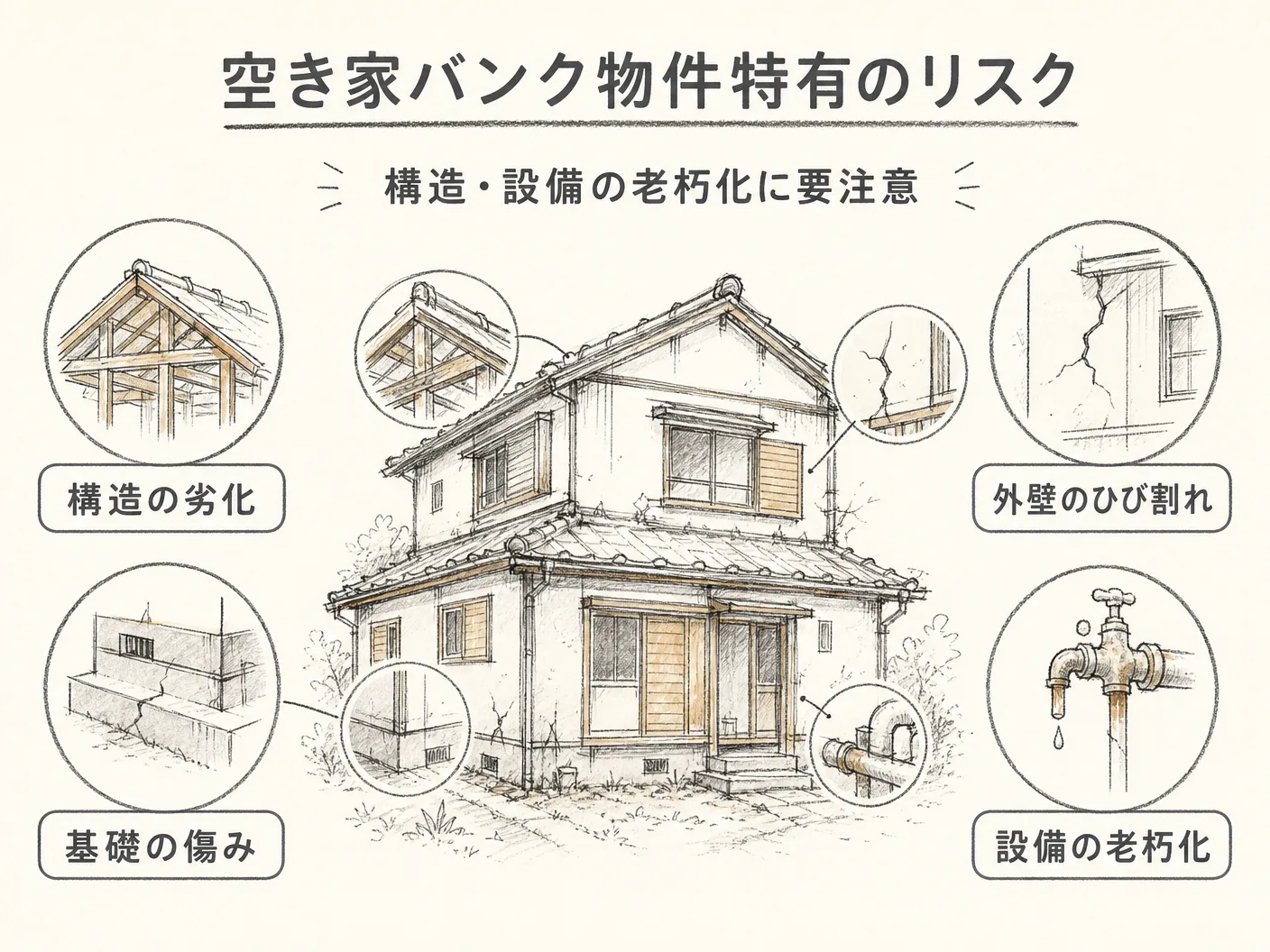 姫路 購入 注意点の空き家バンク物件特有のリスク:構造・設備の老朽化に要注意を表す図解イラスト