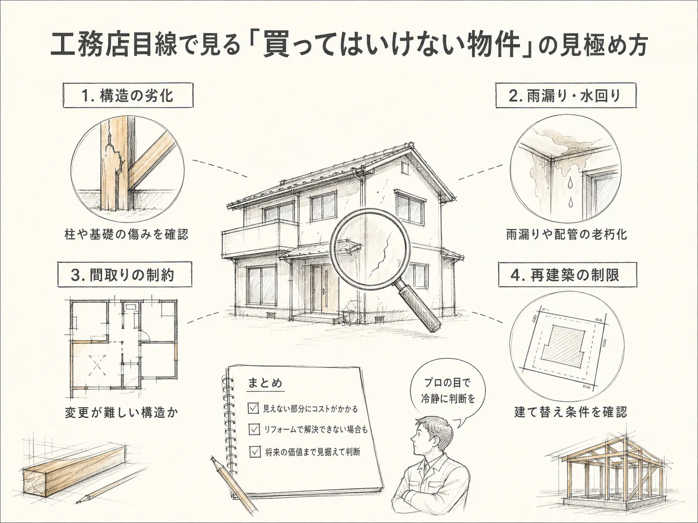 姫路 空き家 購入 注意点の工務店目線で見る「買ってはいけない物件」の見極め方を表す図解イラスト