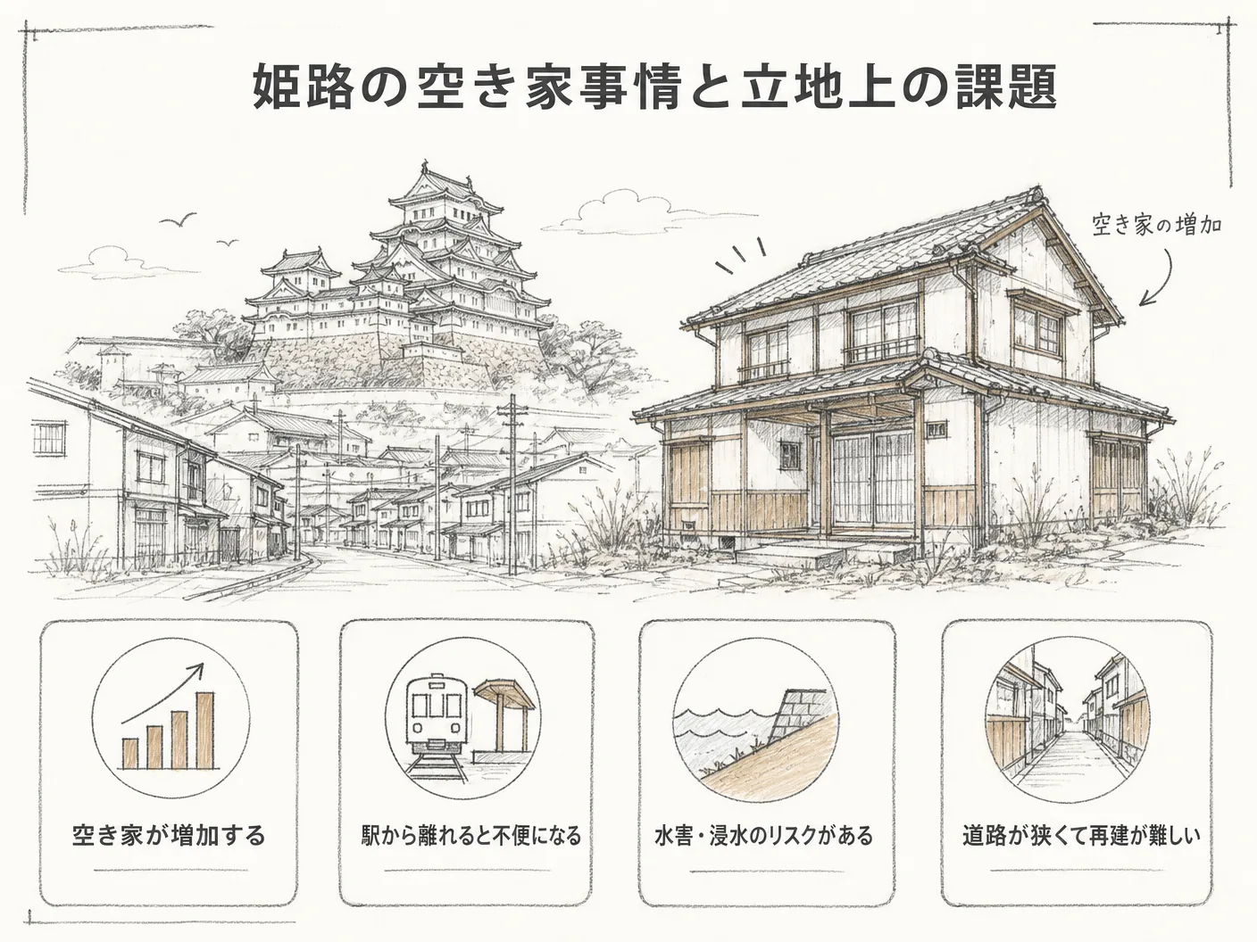 購入の姫路エリアならではの空き家事情と立地上の注意点を表す図解イラスト