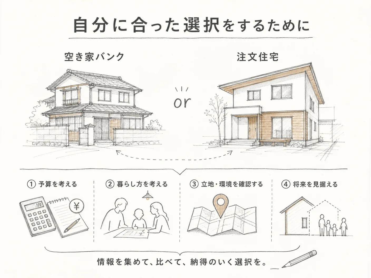 姫路 購入 注意点の自分に合った選択をするために:空き家バンクか注文住宅かを表す図解イラスト