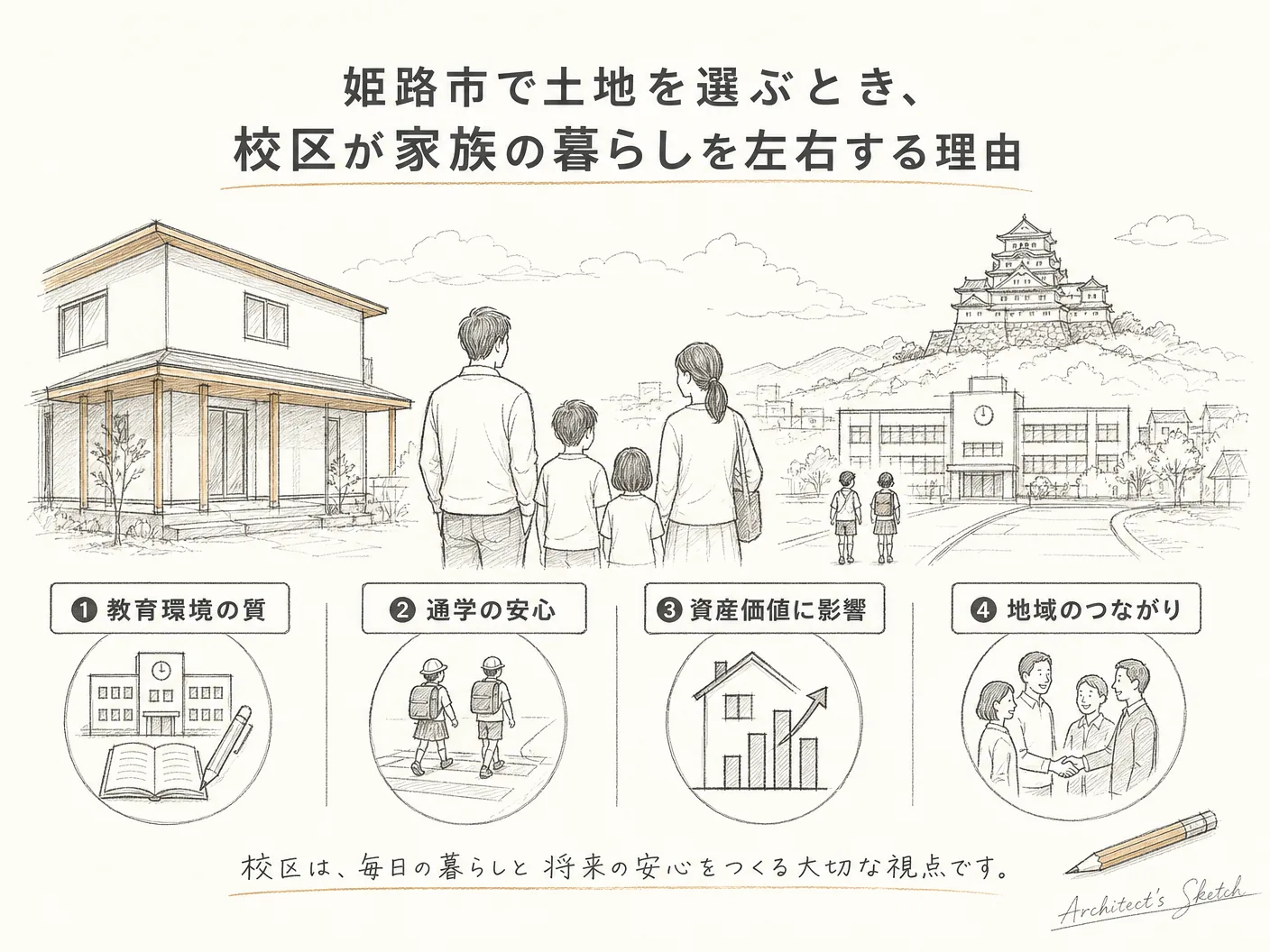 注文住宅の姫路市で土地を選ぶとき、校区が家族の暮らしを左右する理由を表す図解イラスト