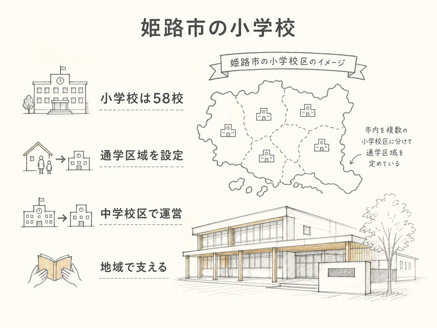 注文住宅の姫路市の小学校・中学校区の数と仕組みを知っておこうを表す図解イラスト