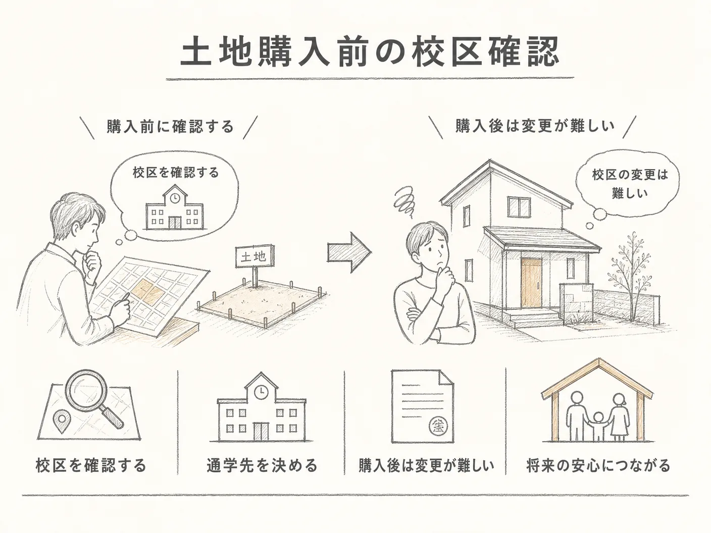 姫路市 注文住宅の土地購入前に校区を確認しないと後から変更が難しいを表す図解イラスト