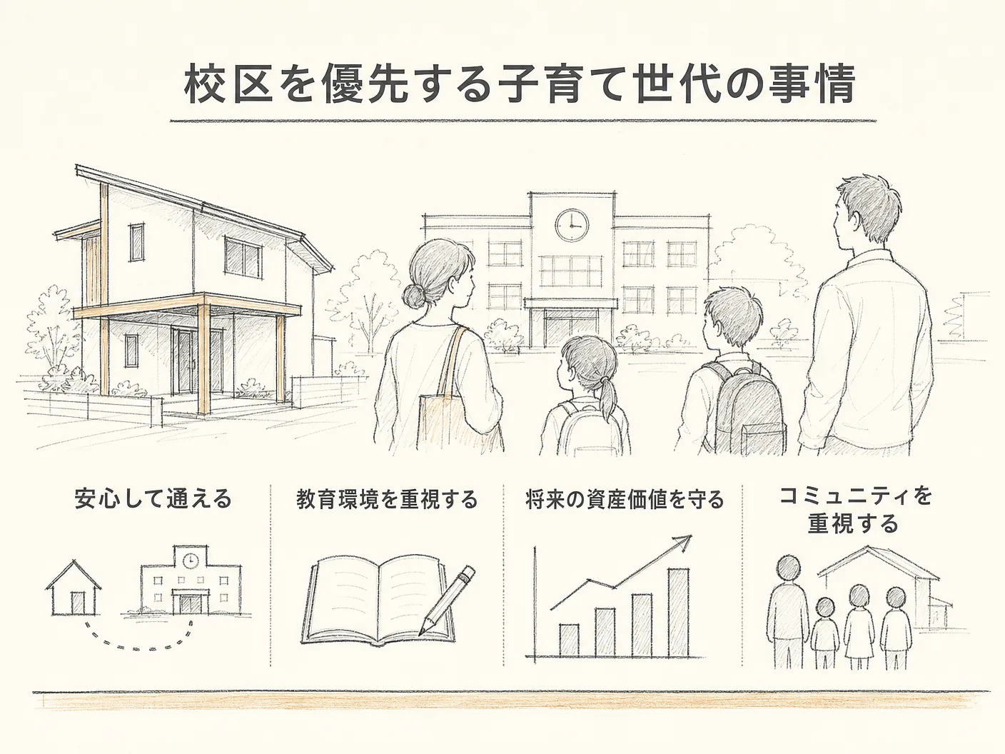 姫路市 注文住宅の子育て世代が土地選びで校区を優先する理由を表す図解イラスト