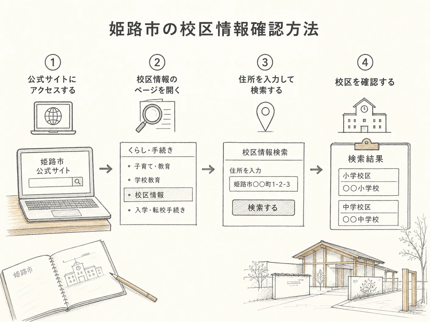 注文住宅の姫路市の校区情報を公式資料で確認する方法を表す図解イラスト