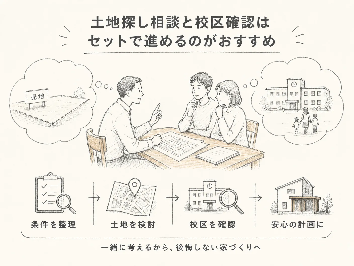 姫路市 注文住宅の土地探し相談と校区確認はセットで進めるのがおすすめを表す図解イラスト