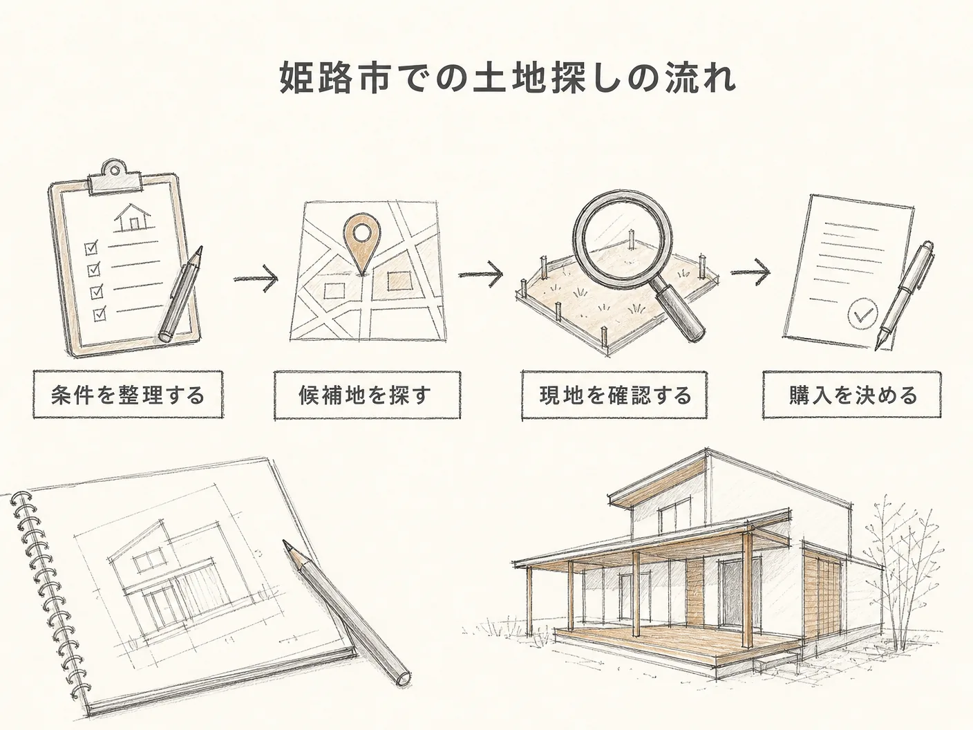 校区の姫路市で注文住宅を建てるための土地探しの流れを表す図解イラスト