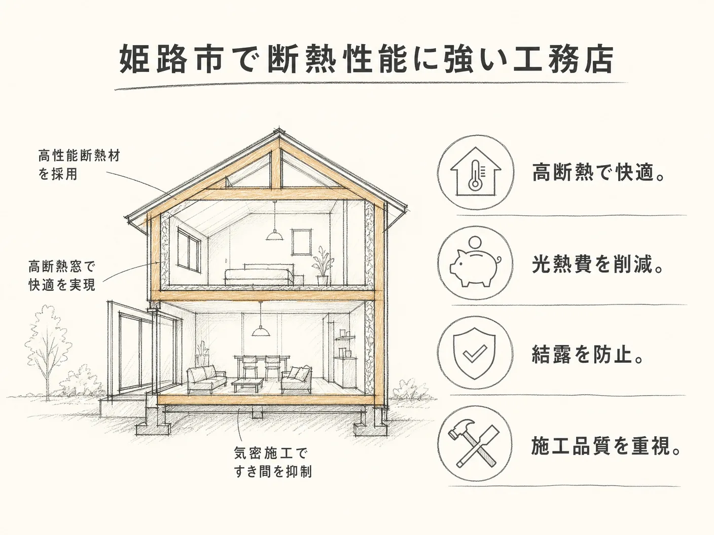 注文住宅の姫路市で断熱性能に強い工務店・ハウスメーカーを表す図解イラスト