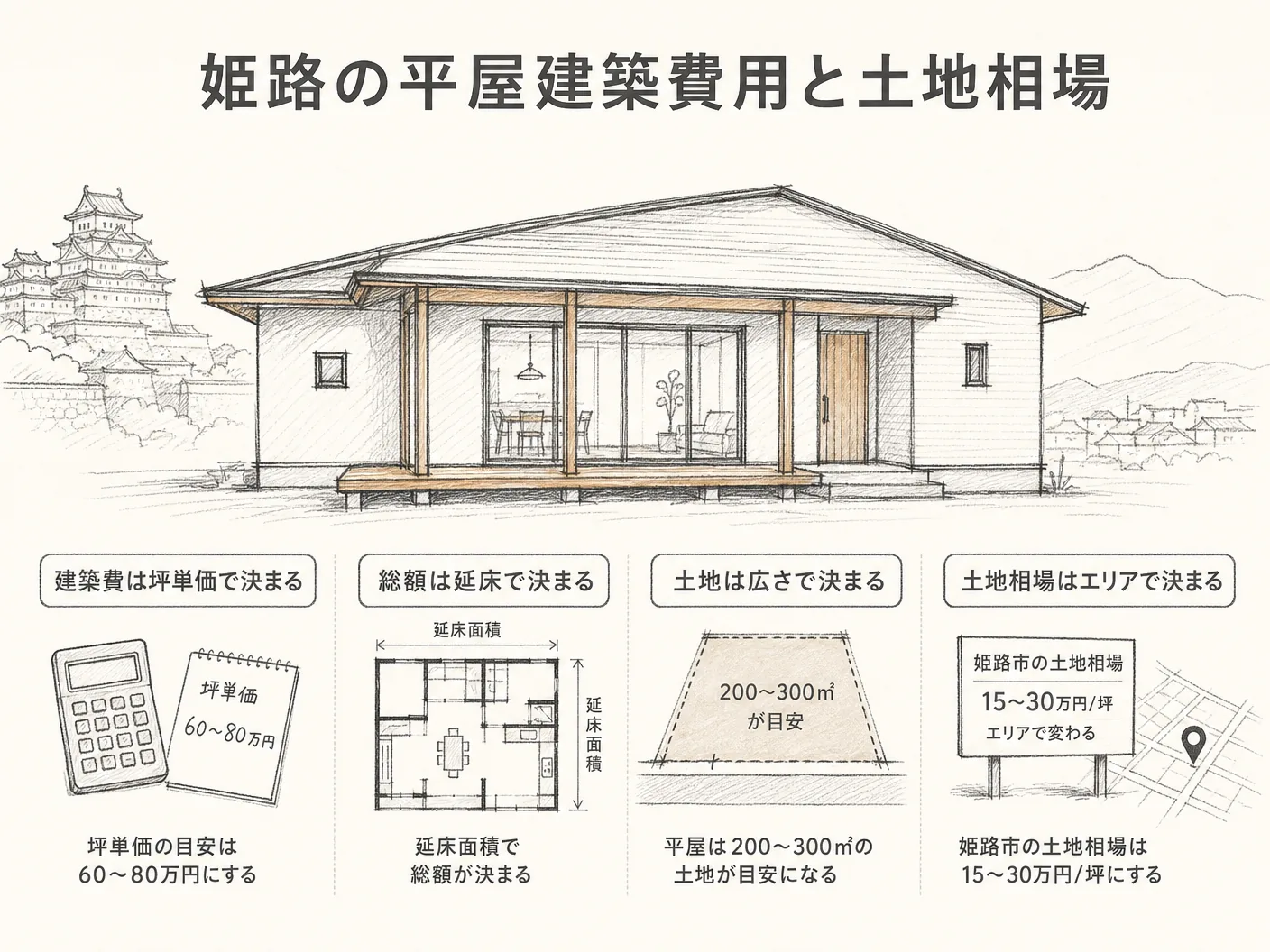 間取りの姫路市で平屋を建てる費用相場と必要な土地を表す図解イラスト
