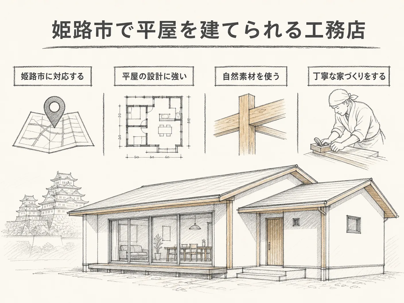 間取りの姫路市で平屋を建てられる工務店・ハウスメーカーを表す図解イラスト