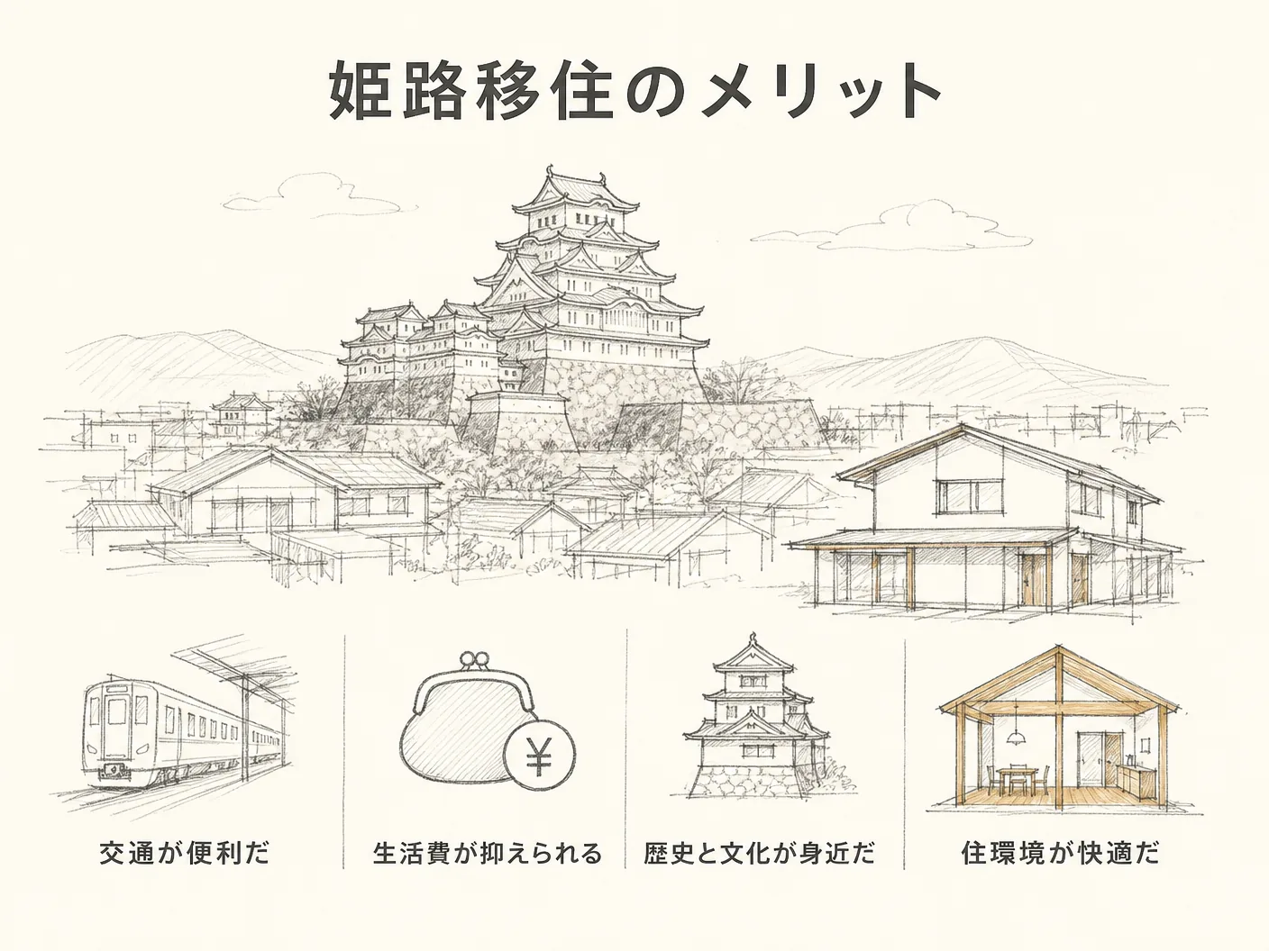 姫路移住のメリット・デメリットを表す図解イラスト