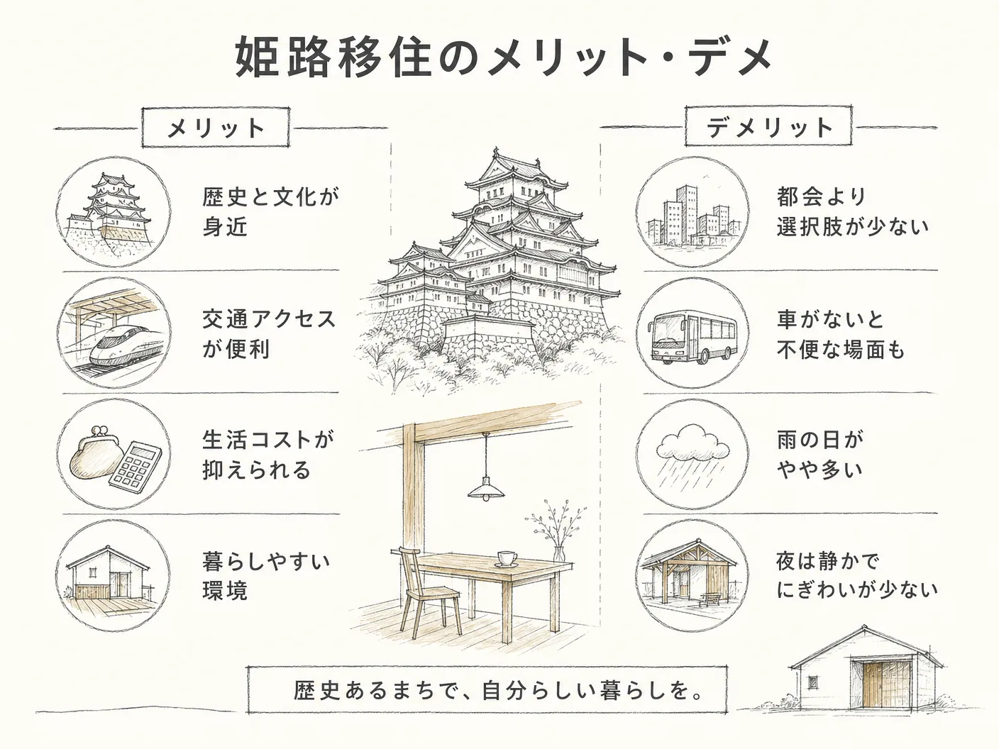 姫路移住のメリット・デメリットを表す図解イラスト