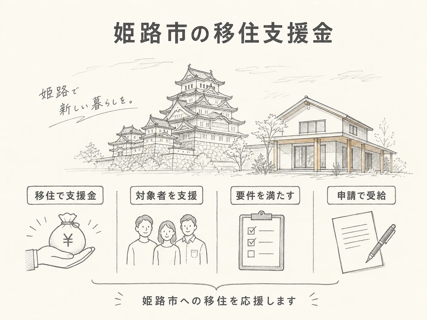 姫路市の移住支援金・補助金制度まとめを表す図解イラスト