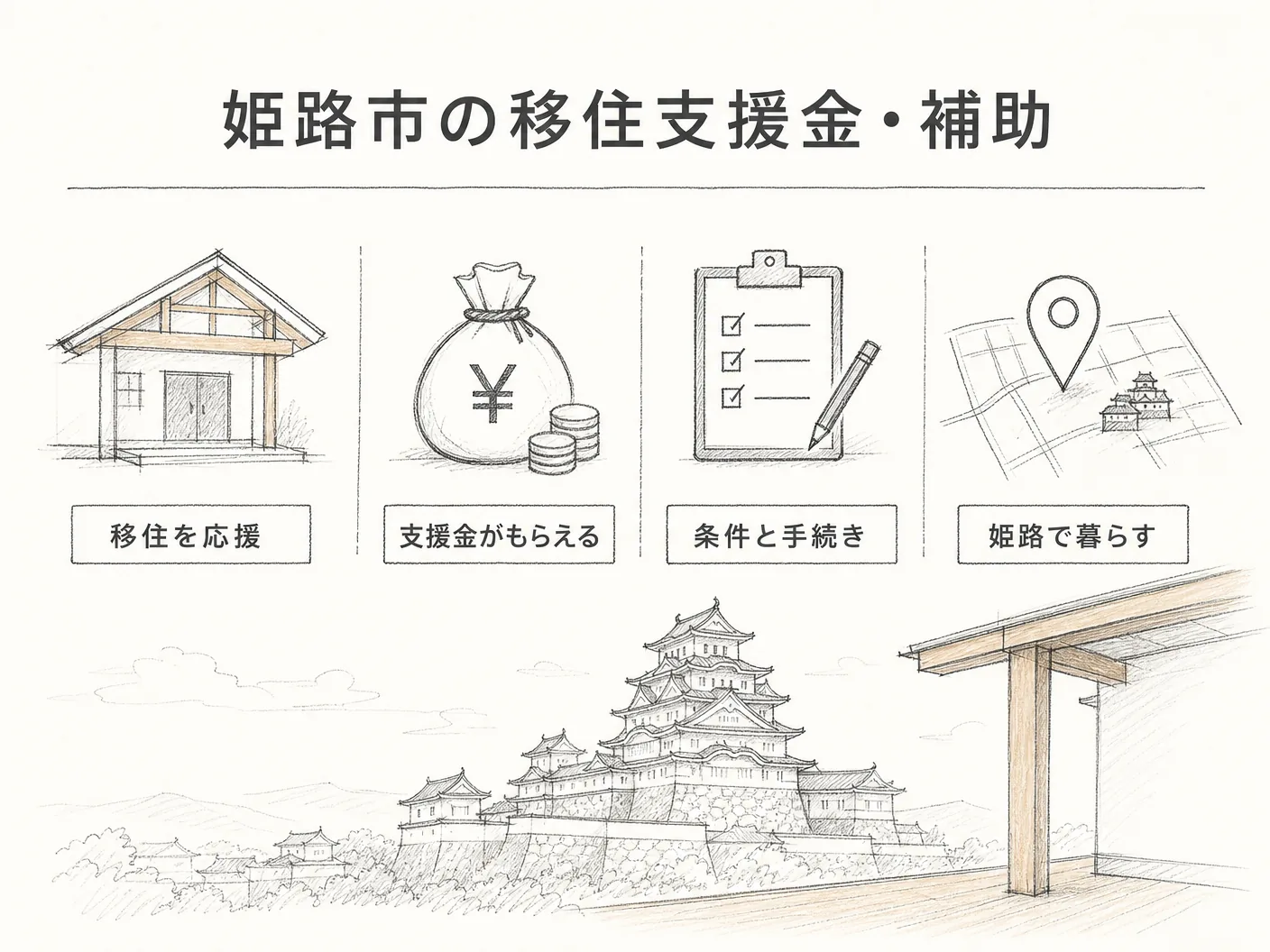 姫路市の移住支援金・補助金制度まとめを表す図解イラスト