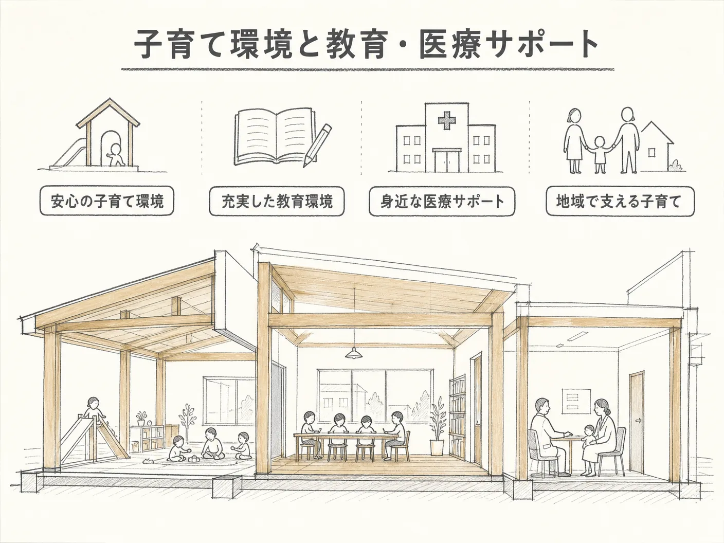 姫路 移住の子育て環境と教育・医療サポートを表す図解イラスト
