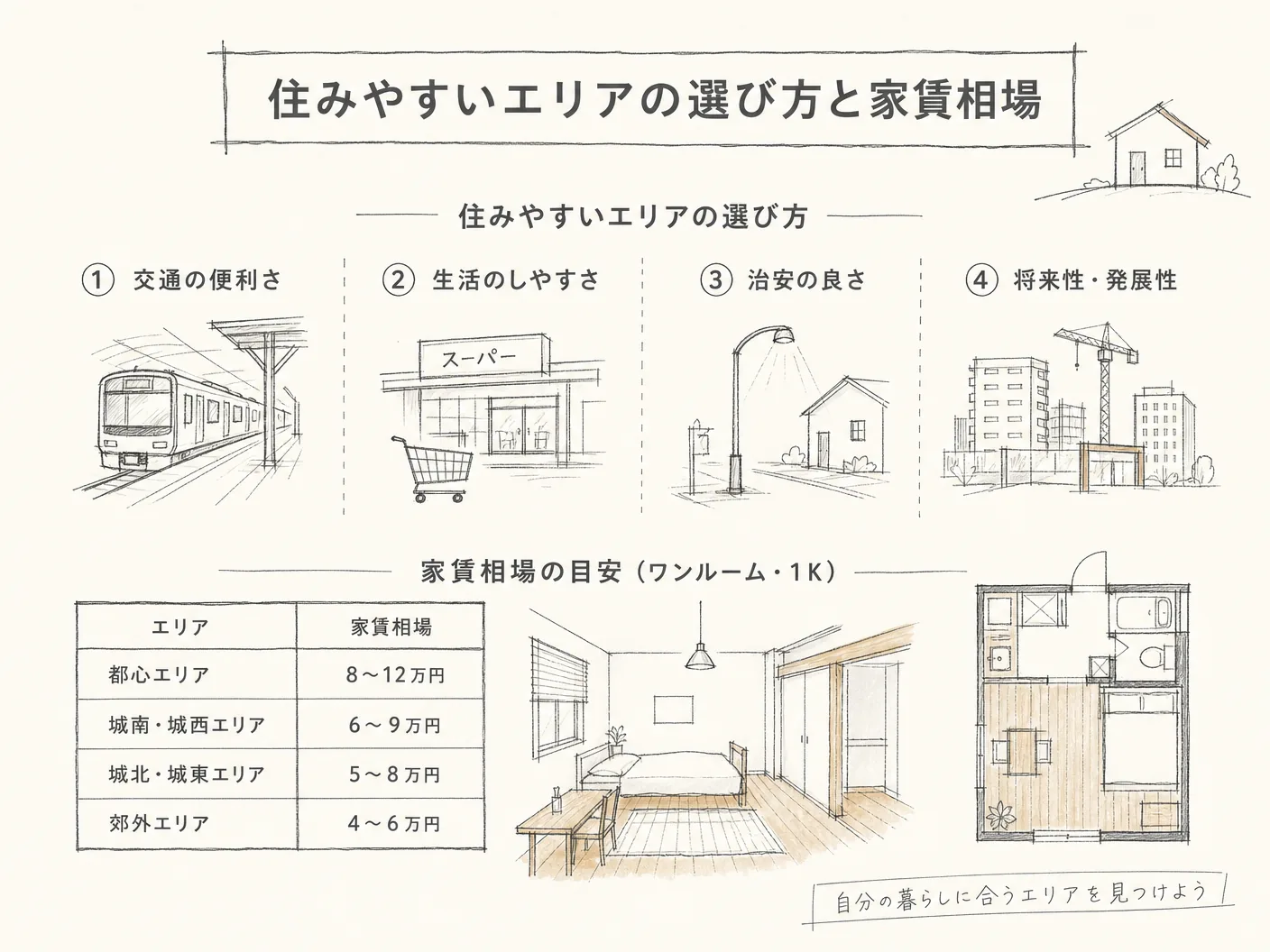 姫路 移住の住みやすいエリアの選び方と家賃相場を表す図解イラスト