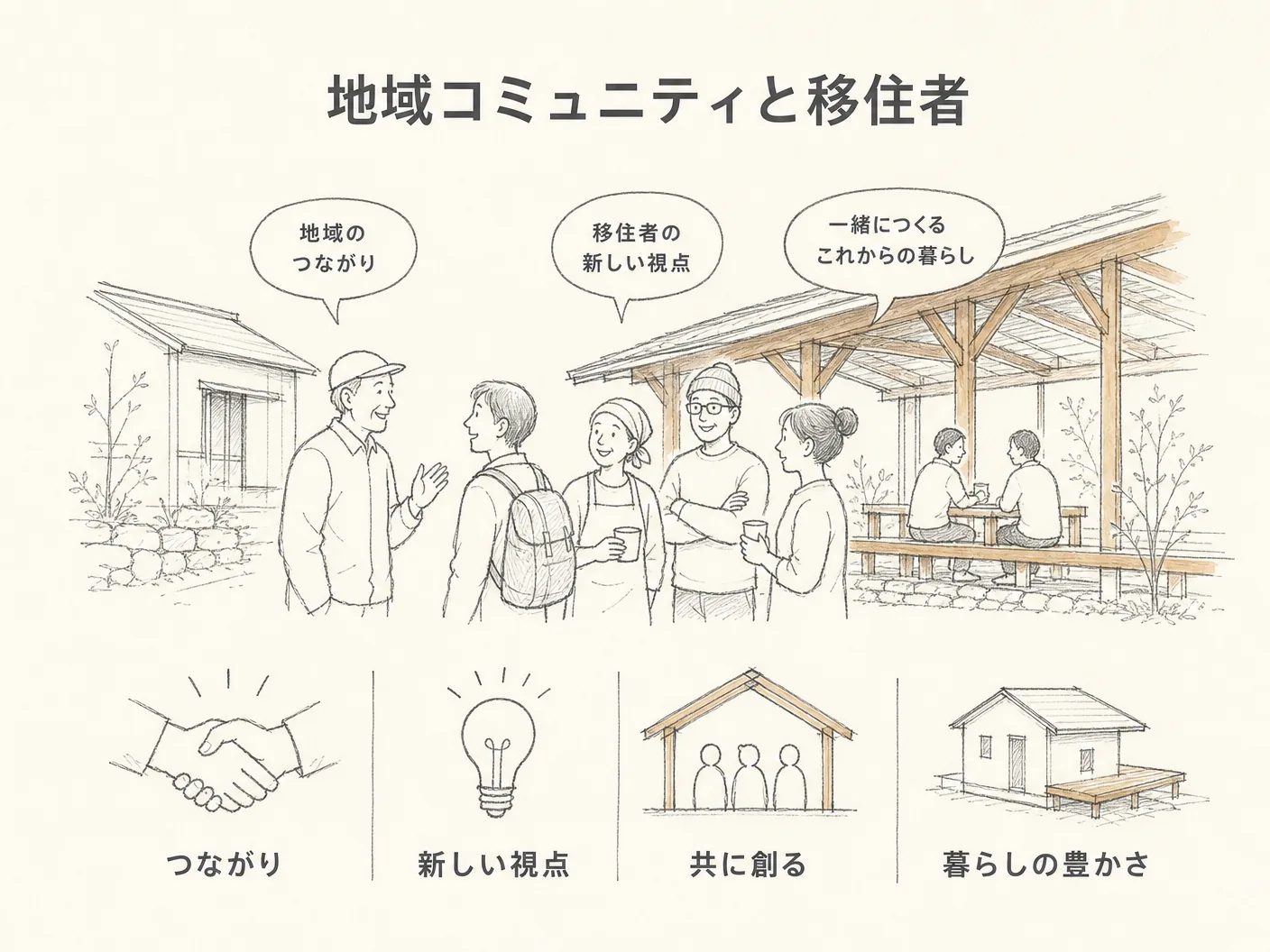 姫路の地域コミュニティと移住者の声を表す図解イラスト
