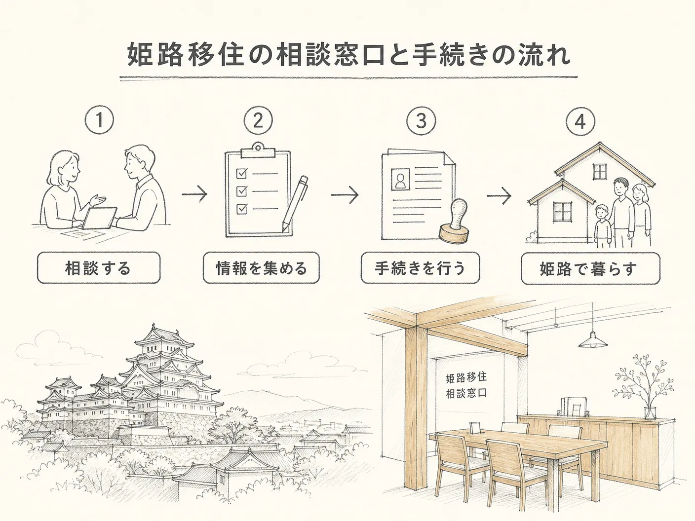 姫路移住の相談窓口と手続きの流れを表す図解イラスト