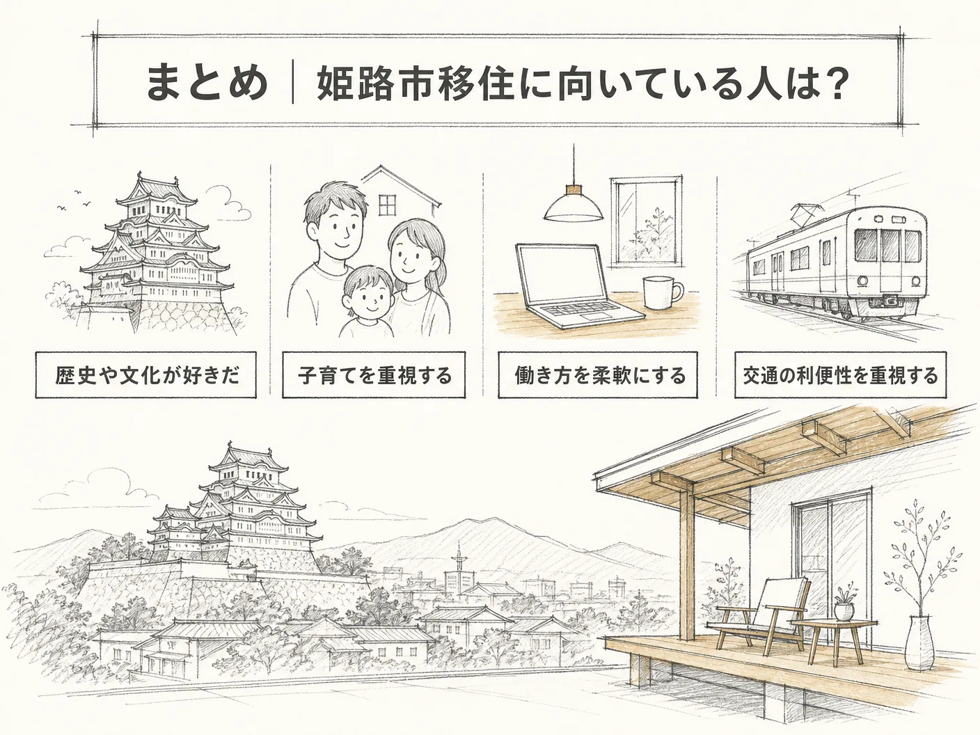 まとめ｜姫路市移住に向いている人は？を表す図解イラスト
