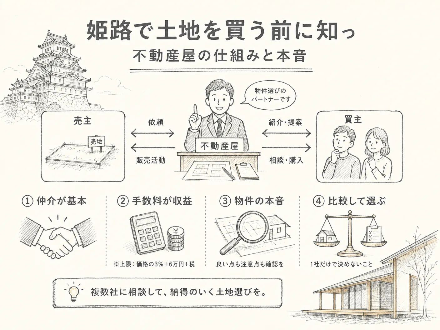注意点の姫路で土地を買う前に知っておきたい不動産屋の仕組みと本音を表す図解イラスト