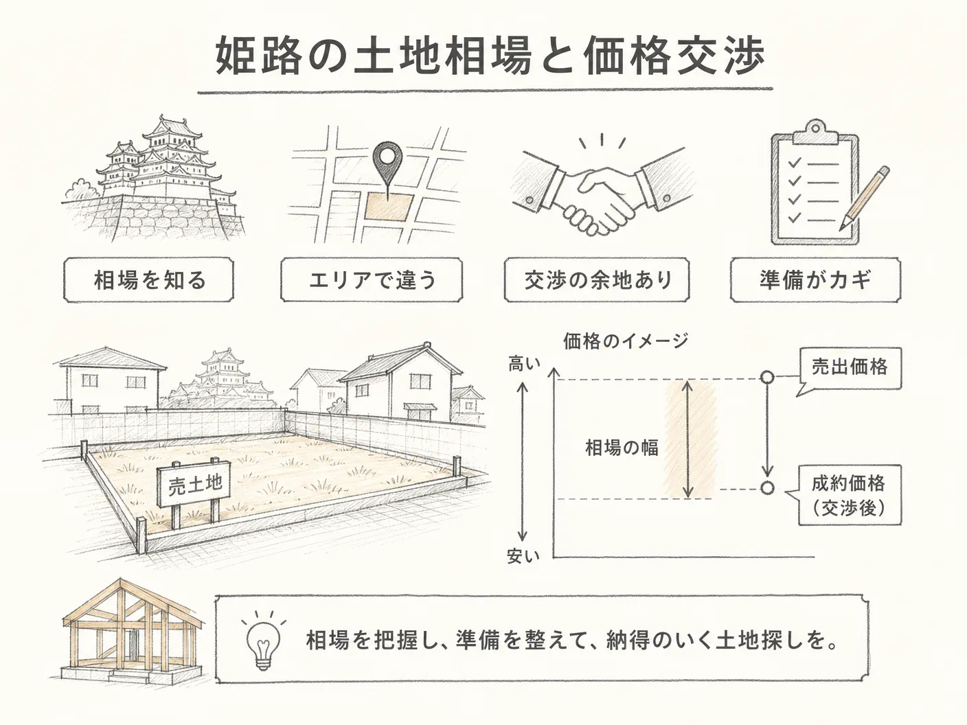 注意点の姫路の土地相場と価格交渉の実態を表す図解イラスト