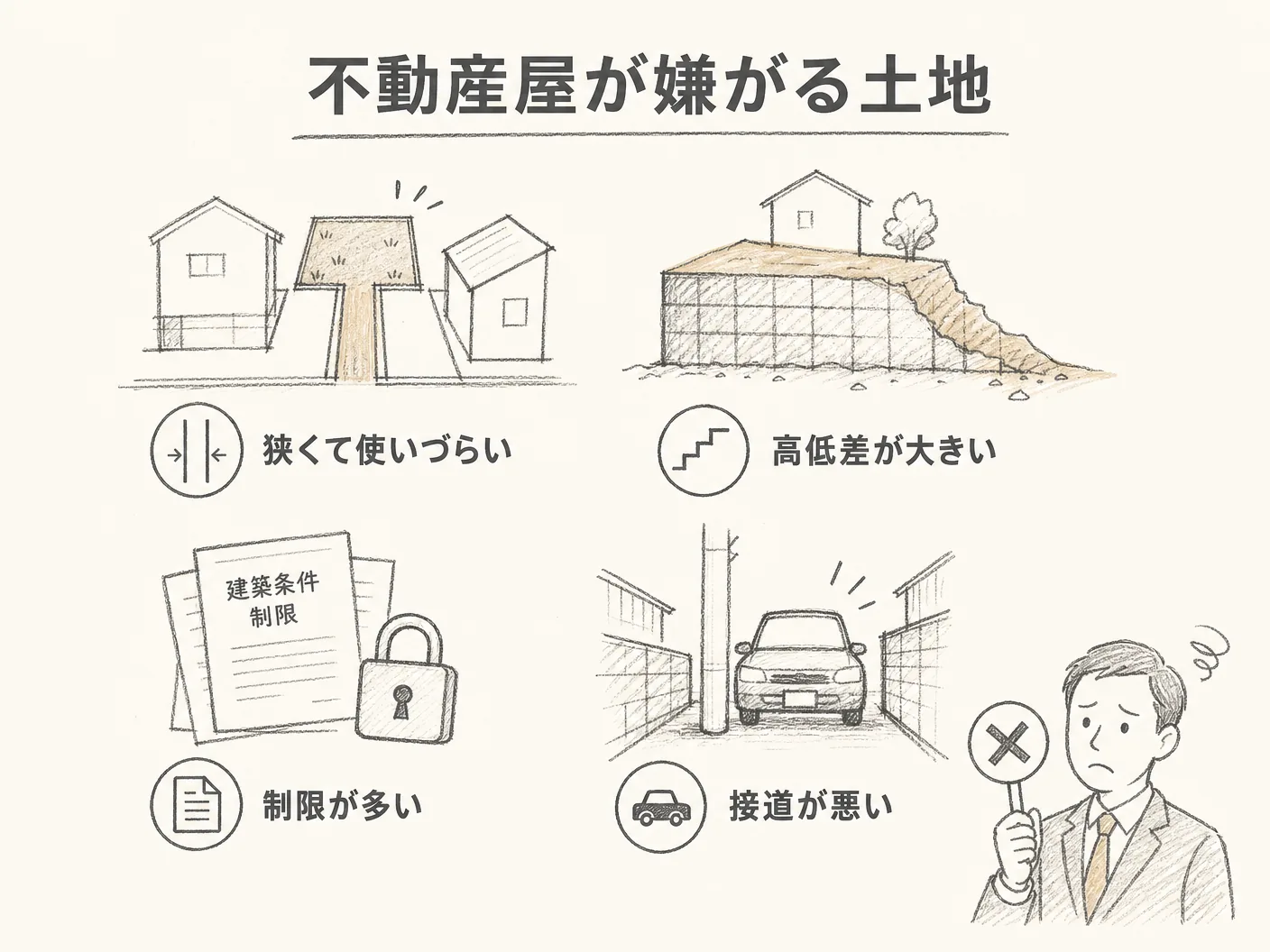 姫路 注意点の不動産屋が嫌がる土地・勧めてくる土地の見分け方を表す図解イラスト