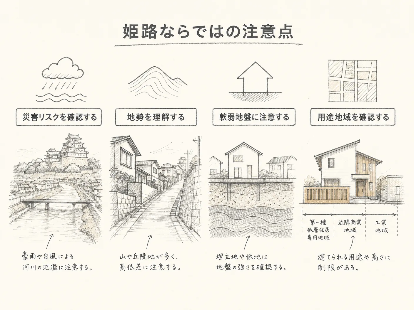 土地の姫路ならではの注意点(災害リスク・地勢・用途地域)を表す図解イラスト