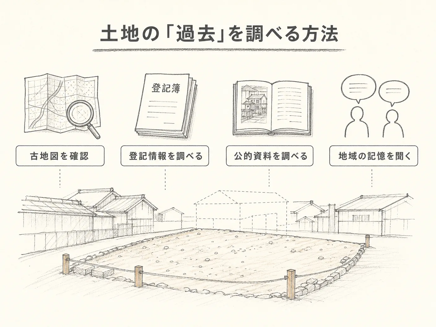 姫路 注意点の土地の「過去」を調べる方法を表す図解イラスト